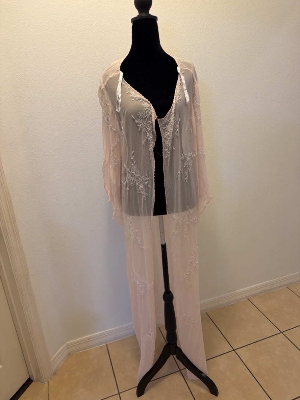 Sheer Lace Embroidered Long Robe 100% silk - Blush